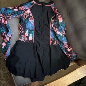 Tropical Long Sleeve Swim Dress with Skirt